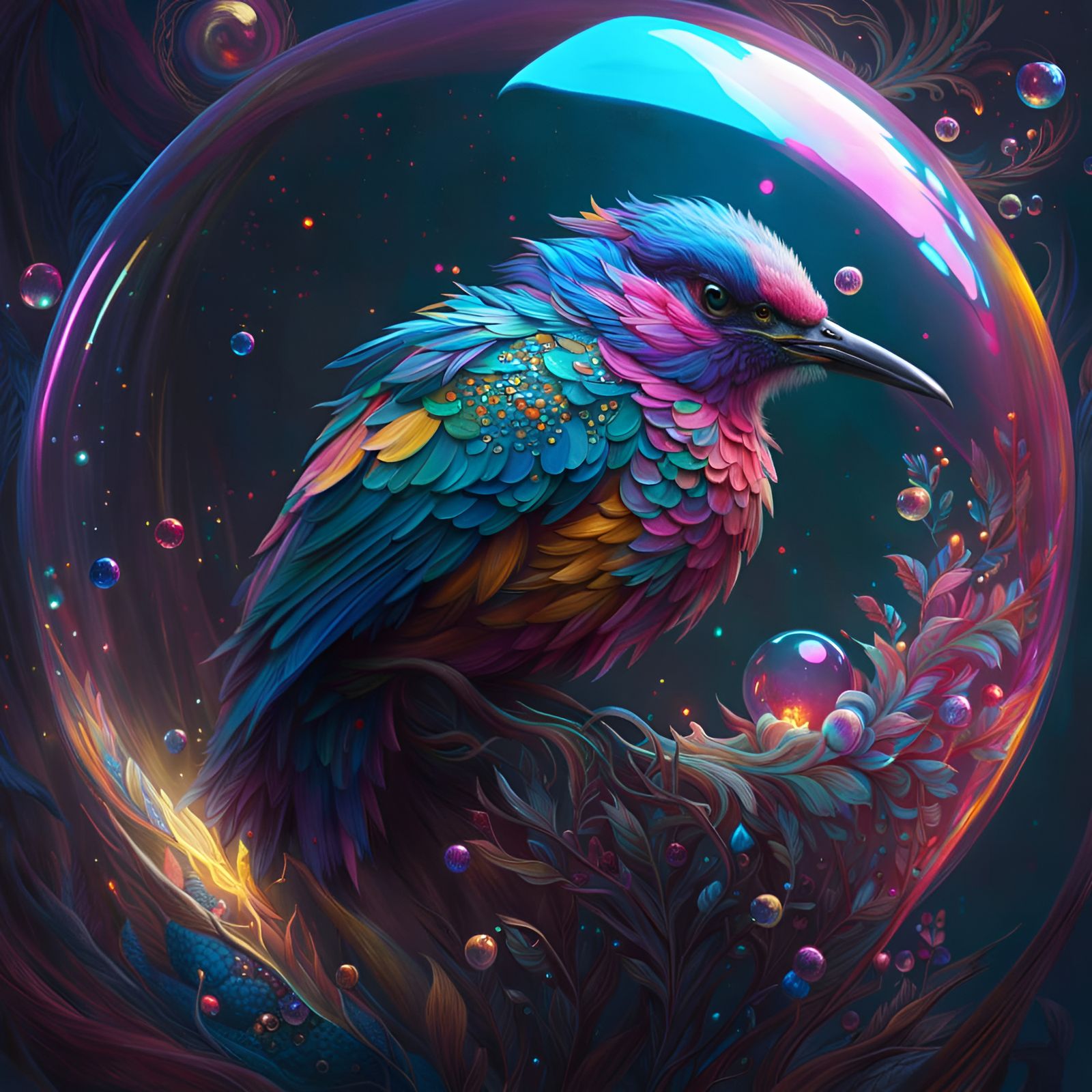 Sparkling Bird Trapped in a Bubble: Fantasy Art