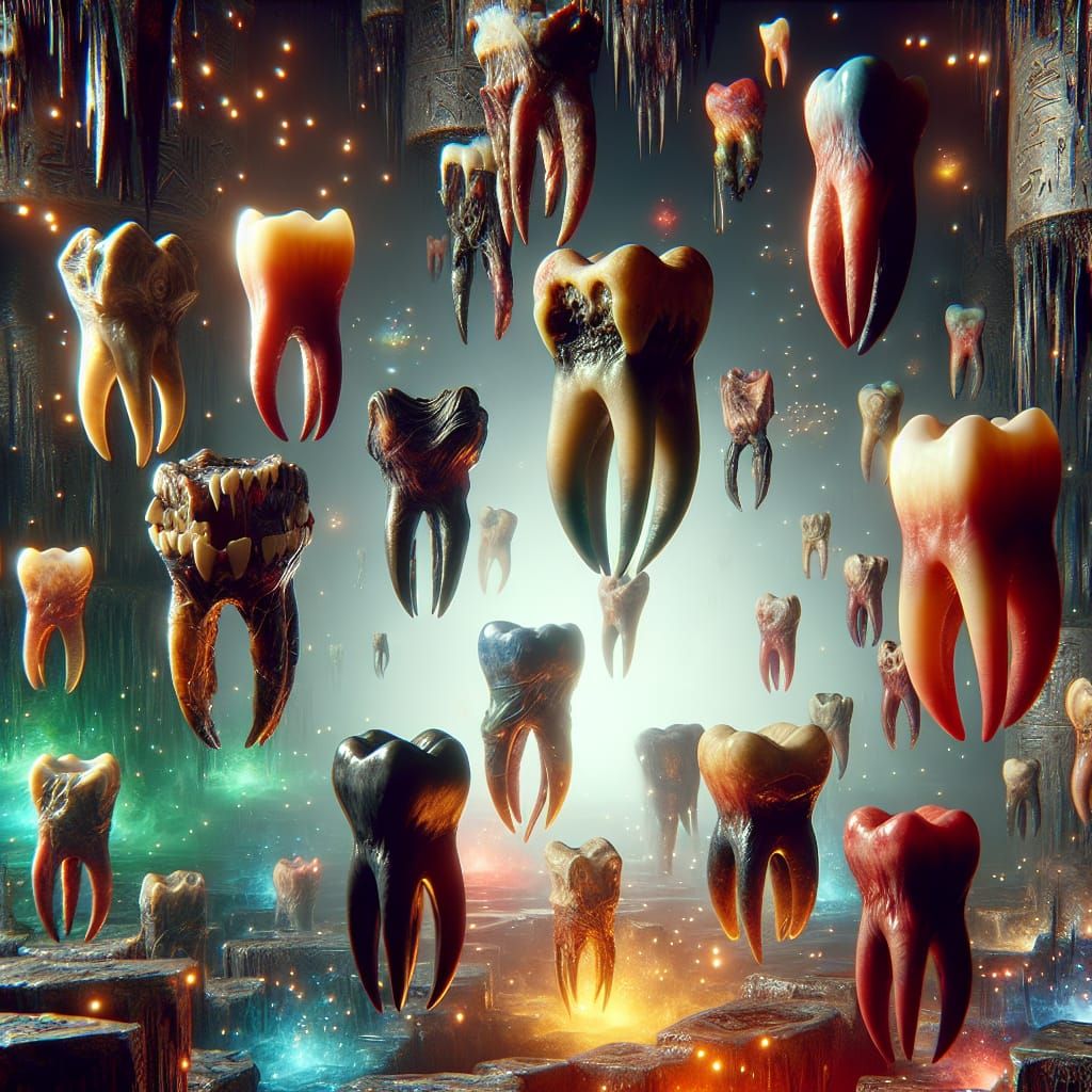 Ancient Teeth Floating with Dark Magic in Cavern