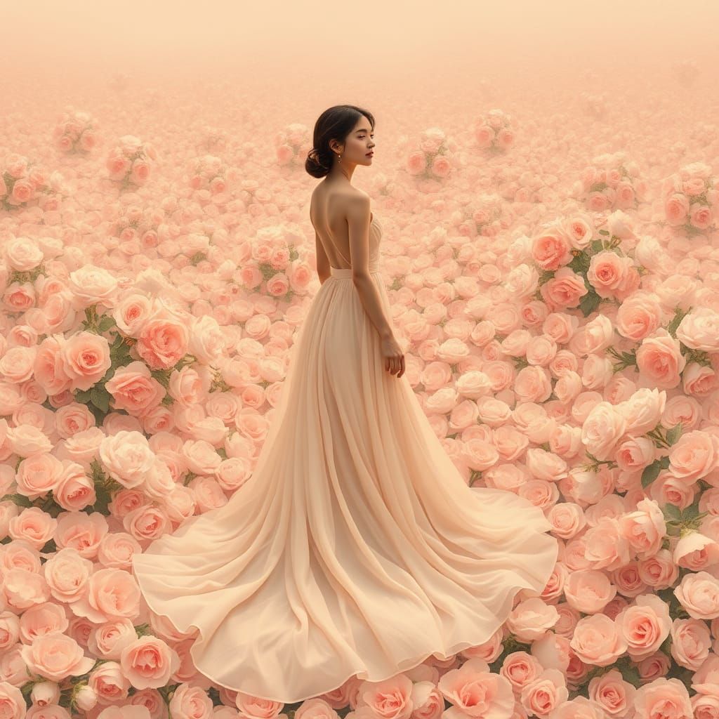 Woman in Rose Sea: Ethereal Dreamscape