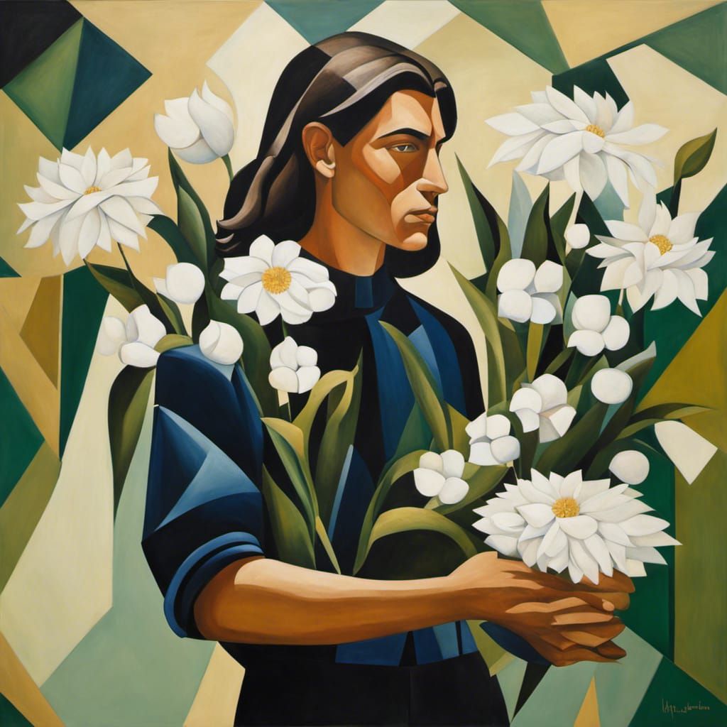 Art Deco Man with White Flowers in Cubist Style