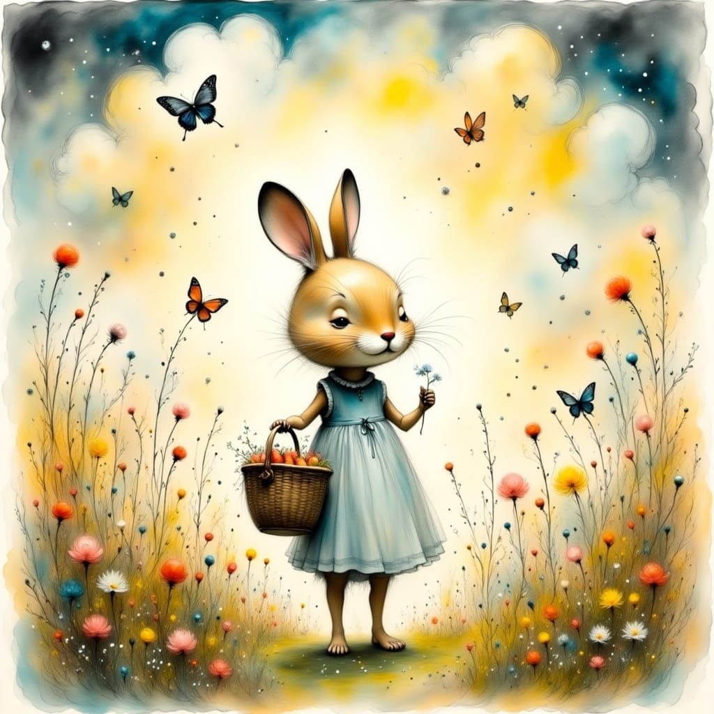 Whimsical Figure with Carrots in Dreamy Meadow