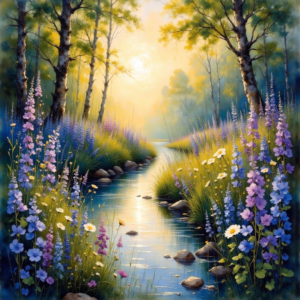 Golden Hour Violet Stream in Whimsical Style