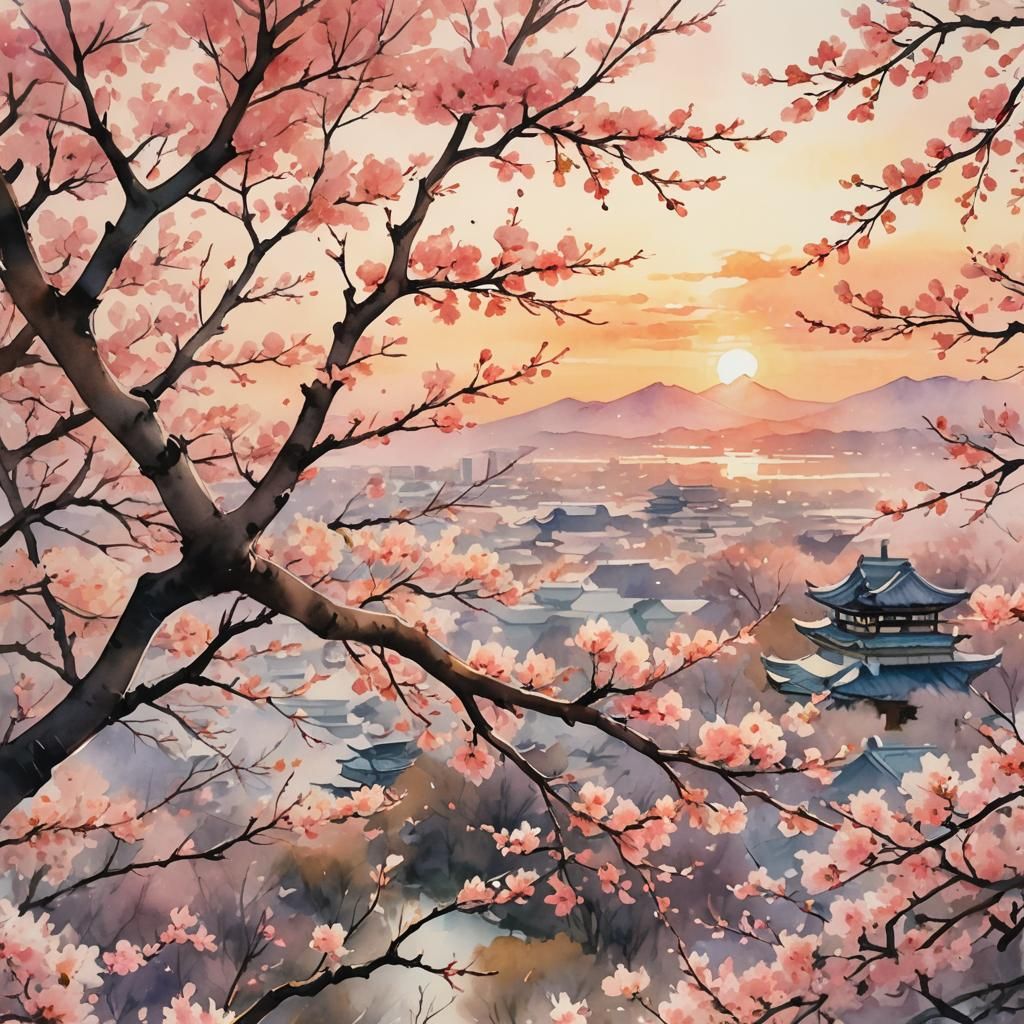 Cherry Blossoms at Sunset in Watercolor Anime Style