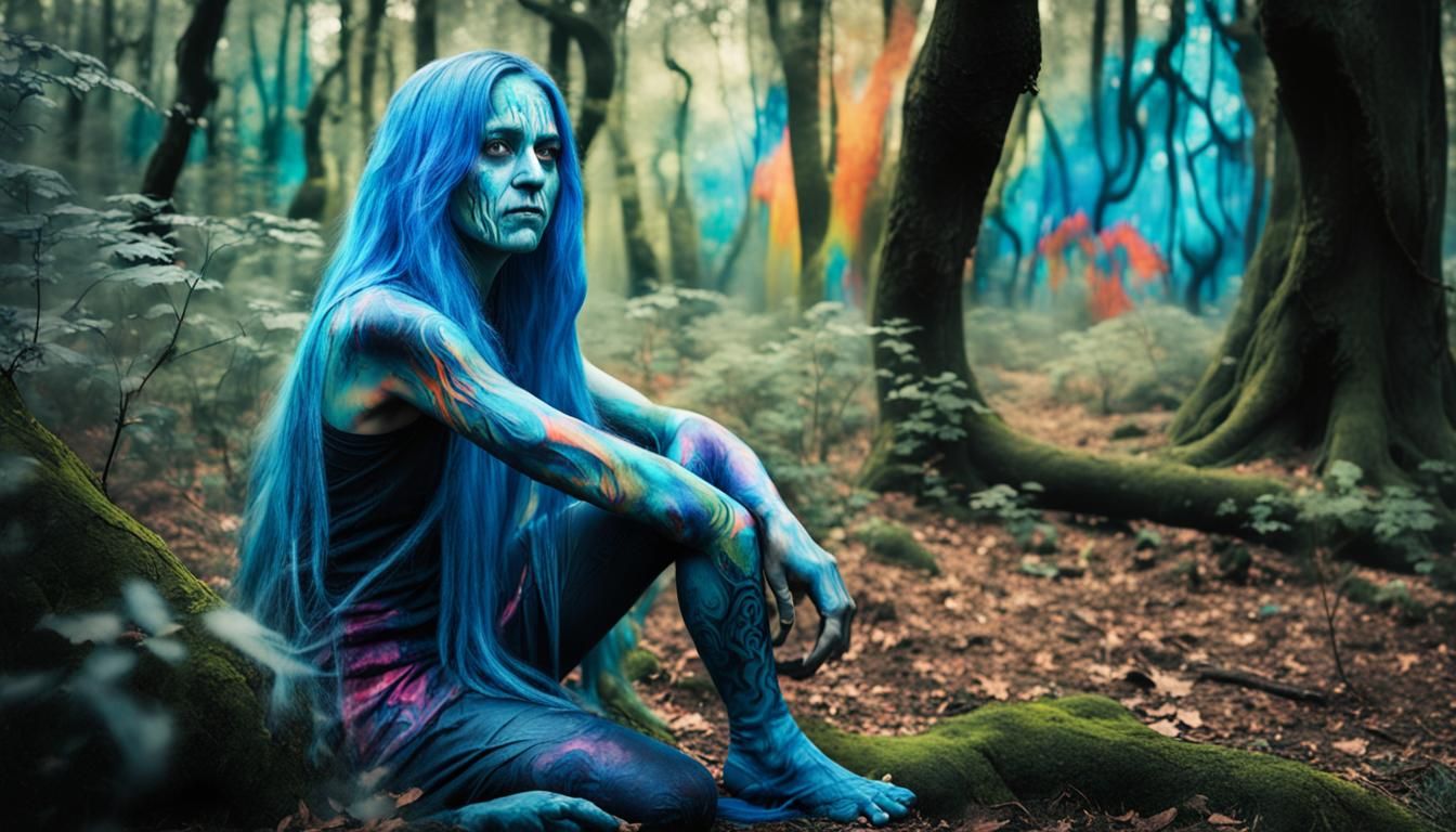 Mystical Forest Graffiti Art: Woman with Blue Hair