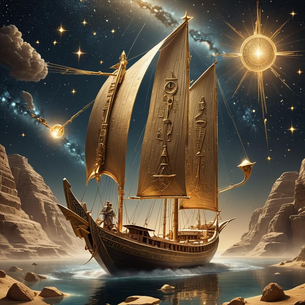 Egyptian Boat Sails Cosmic Void: Dreamlike Concept Art