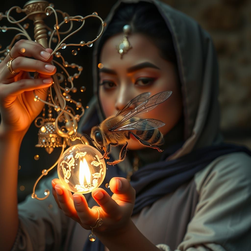 Golden Bee in Ornate Arabian Floral Scene