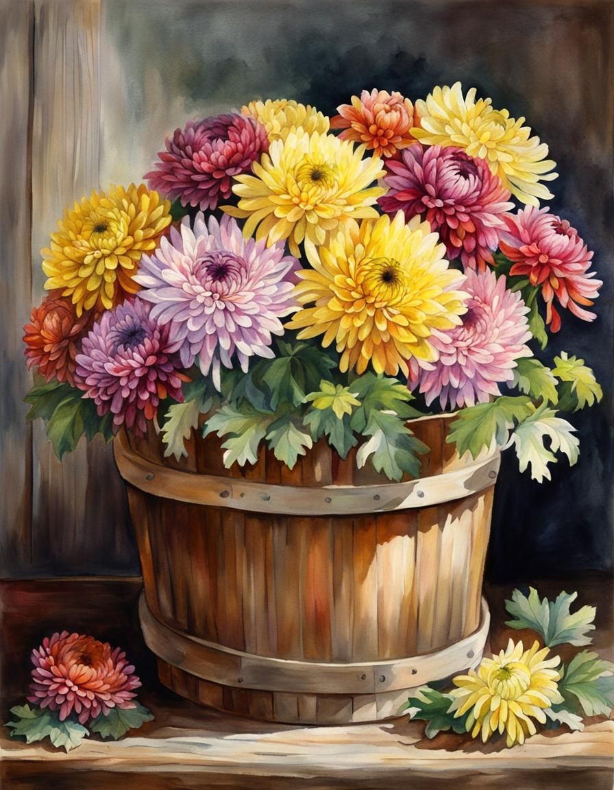 Watercolor Chrysanthemums in a Rustic Bucket