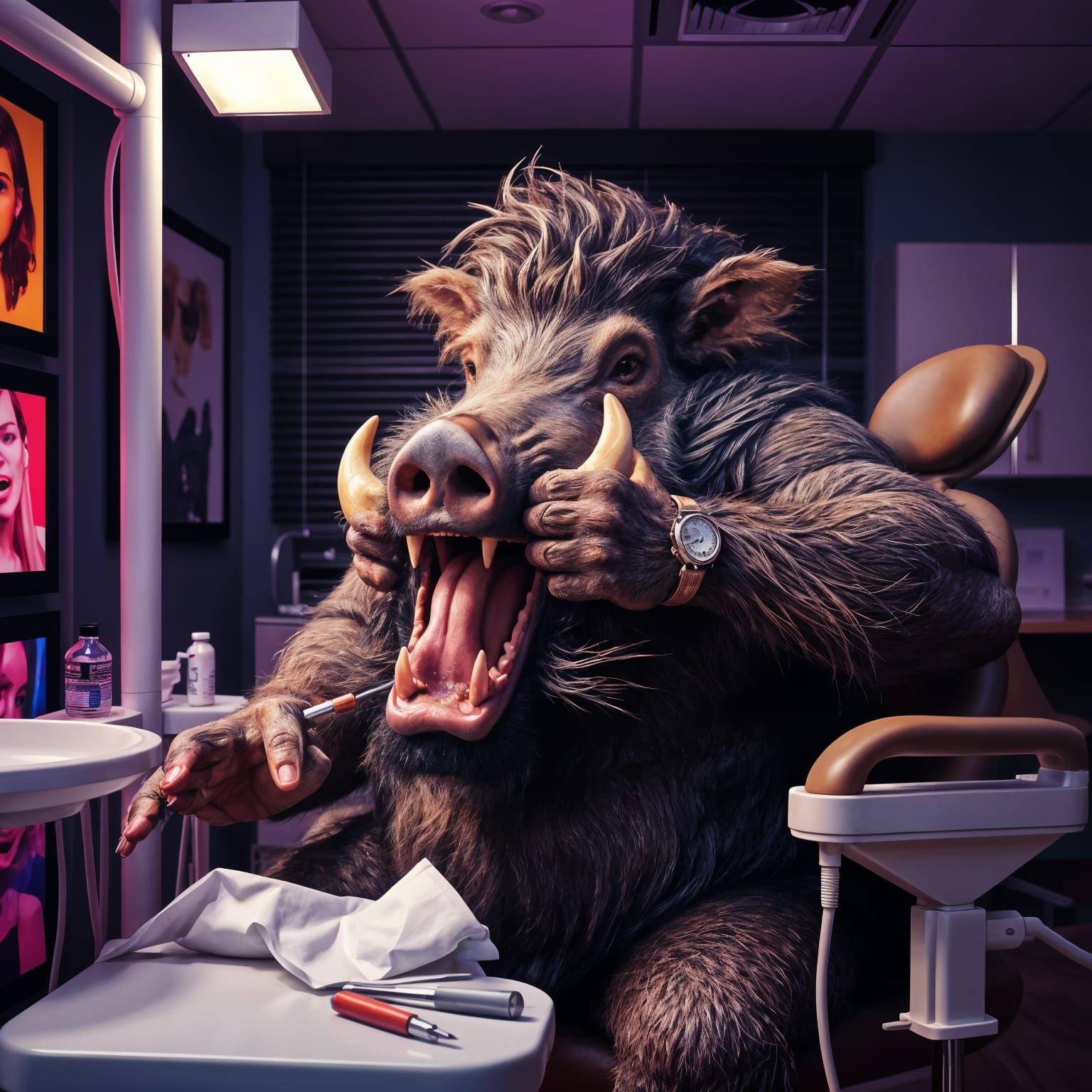 Neon Dentist Scene with Boar Man in Hyperrealistic Style