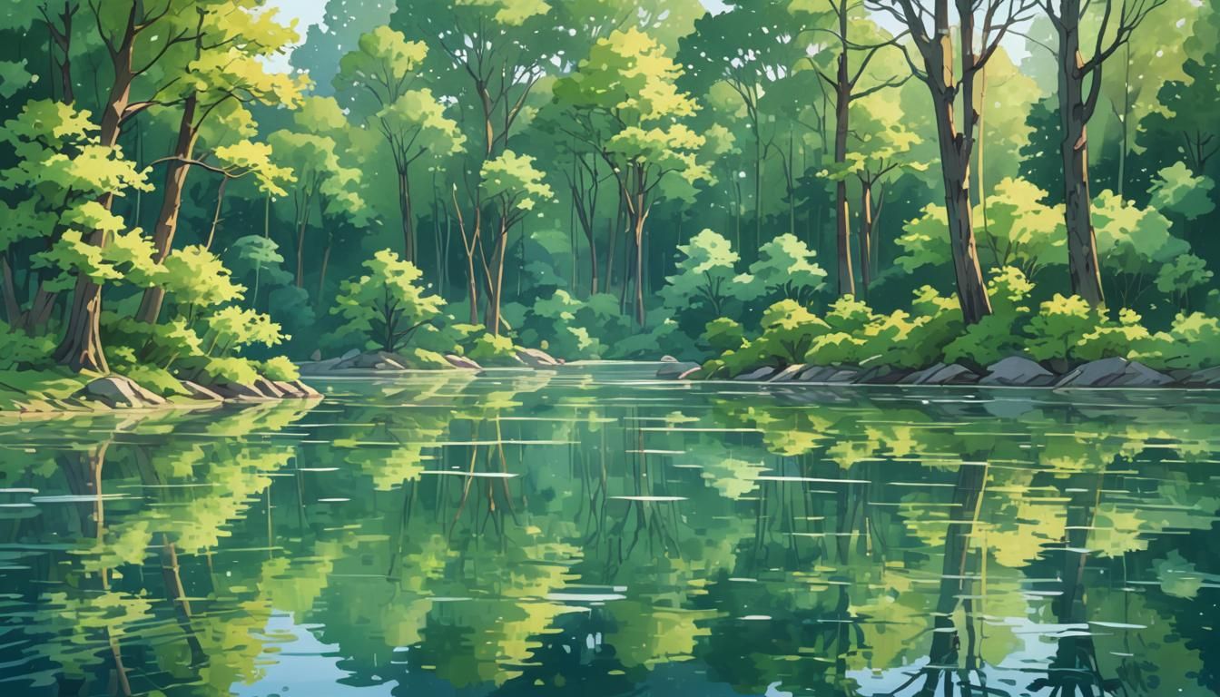 Serene Lake Reflections in Anime Style