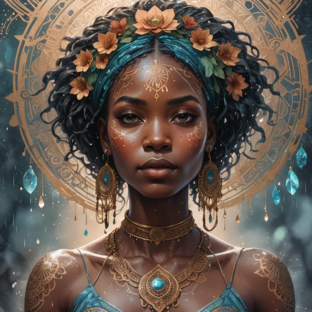 Dreamy African Woman Portrait with Mandala Tattoos