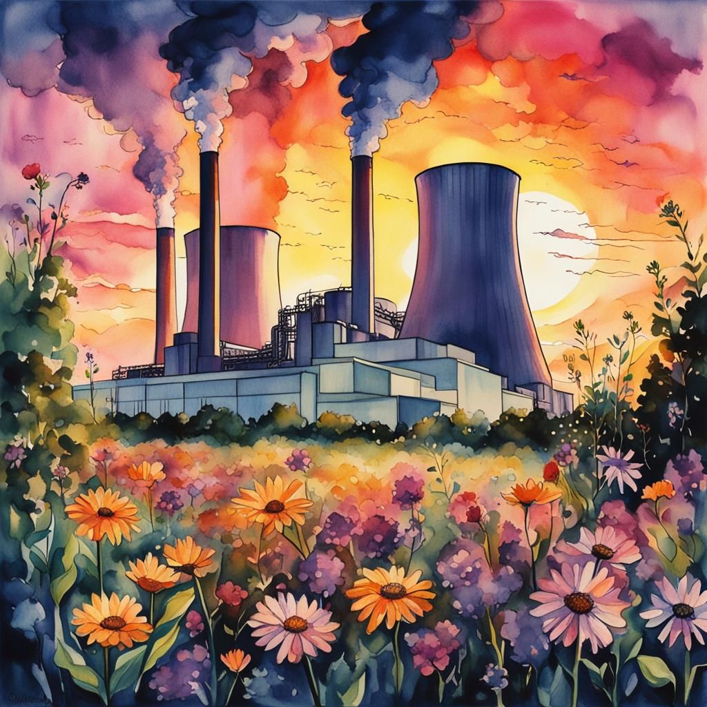 Watercolor Nuclear Plant at Sunset