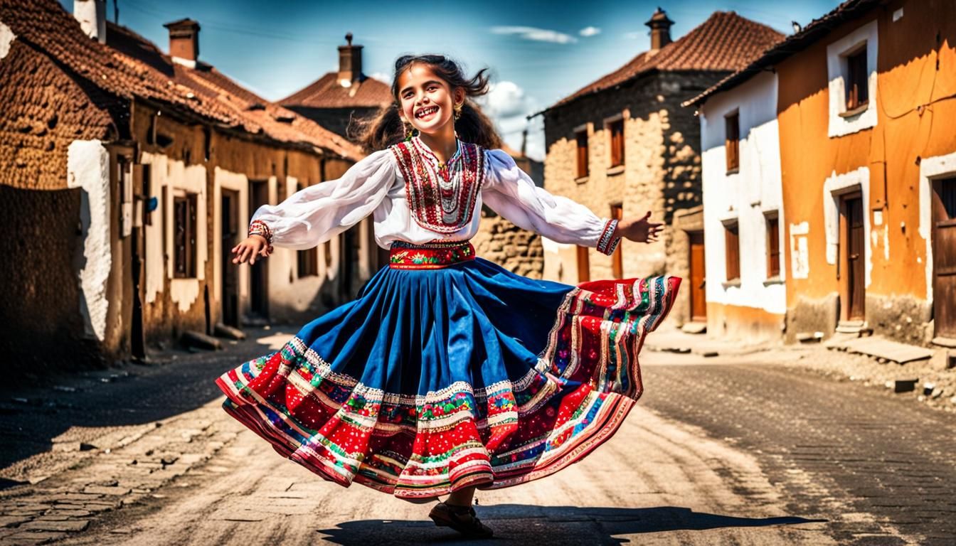 A Romani girl dancing in the middle of the streets of a old village