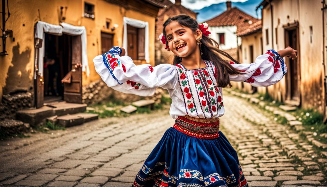 A Romani girl dancing in the middle of the streets of a old village