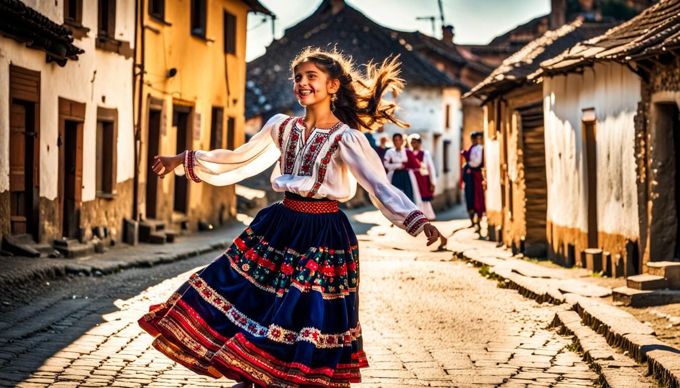 A Romani girl dancing in the middle of the streets of a old village