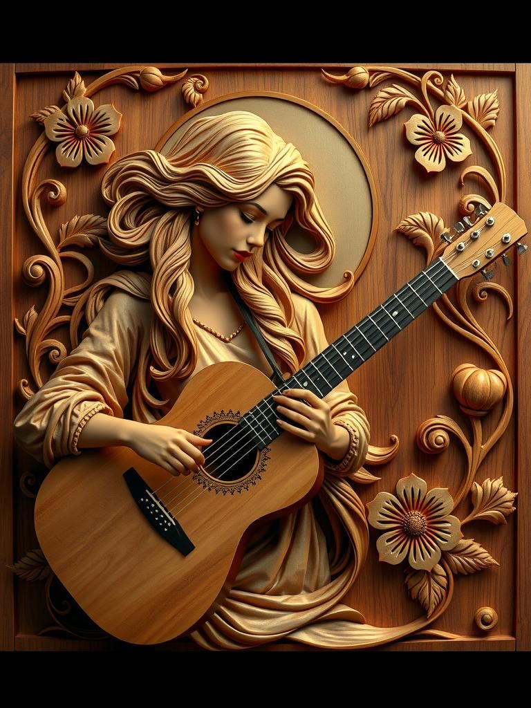 Woman Playing Carved Guitar in Super-Realism