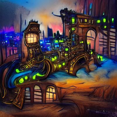 Neon Steampunk City in Fantasy Night Landscape
