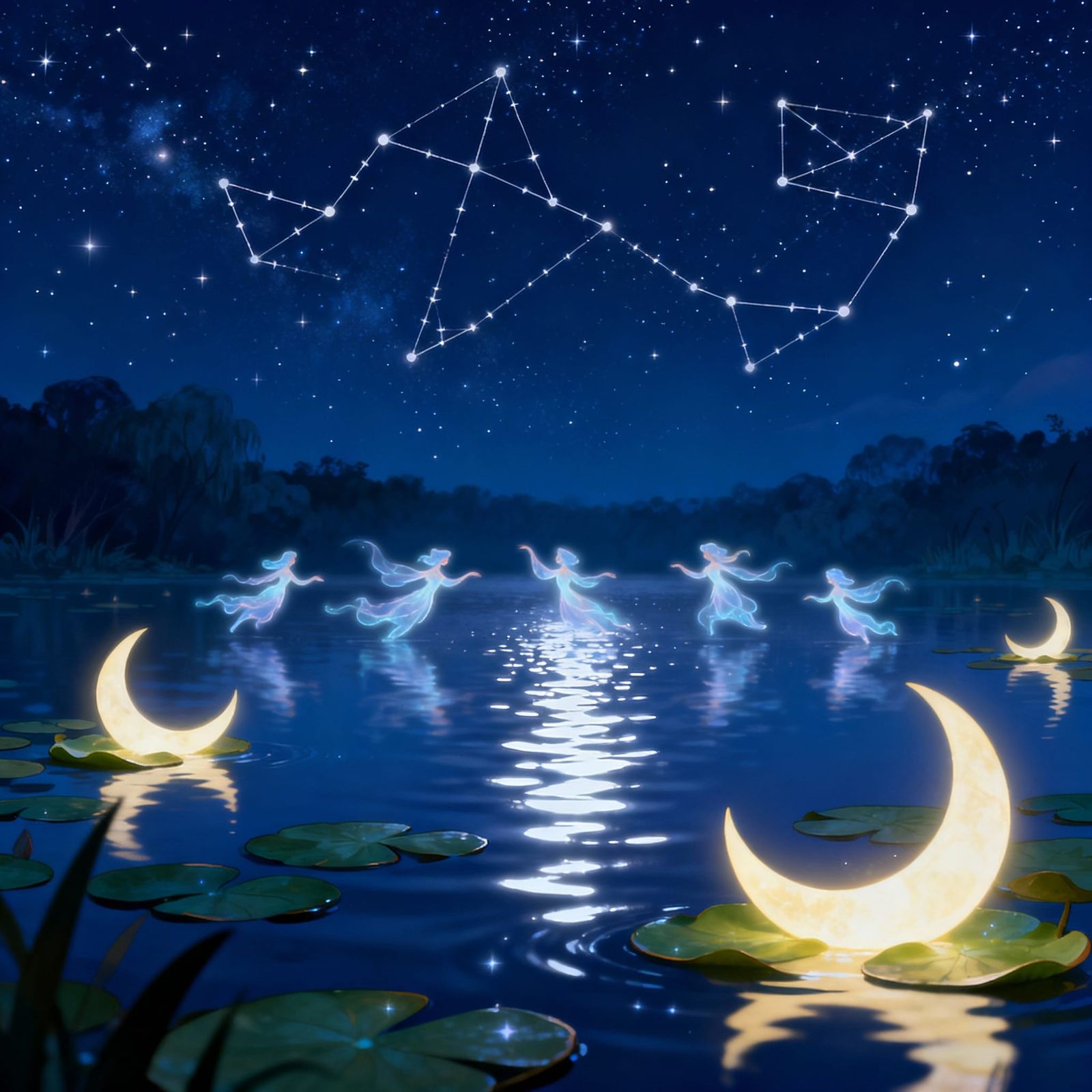 Magical Disney Lake with Moon Lily Pads and Dancing Spirits