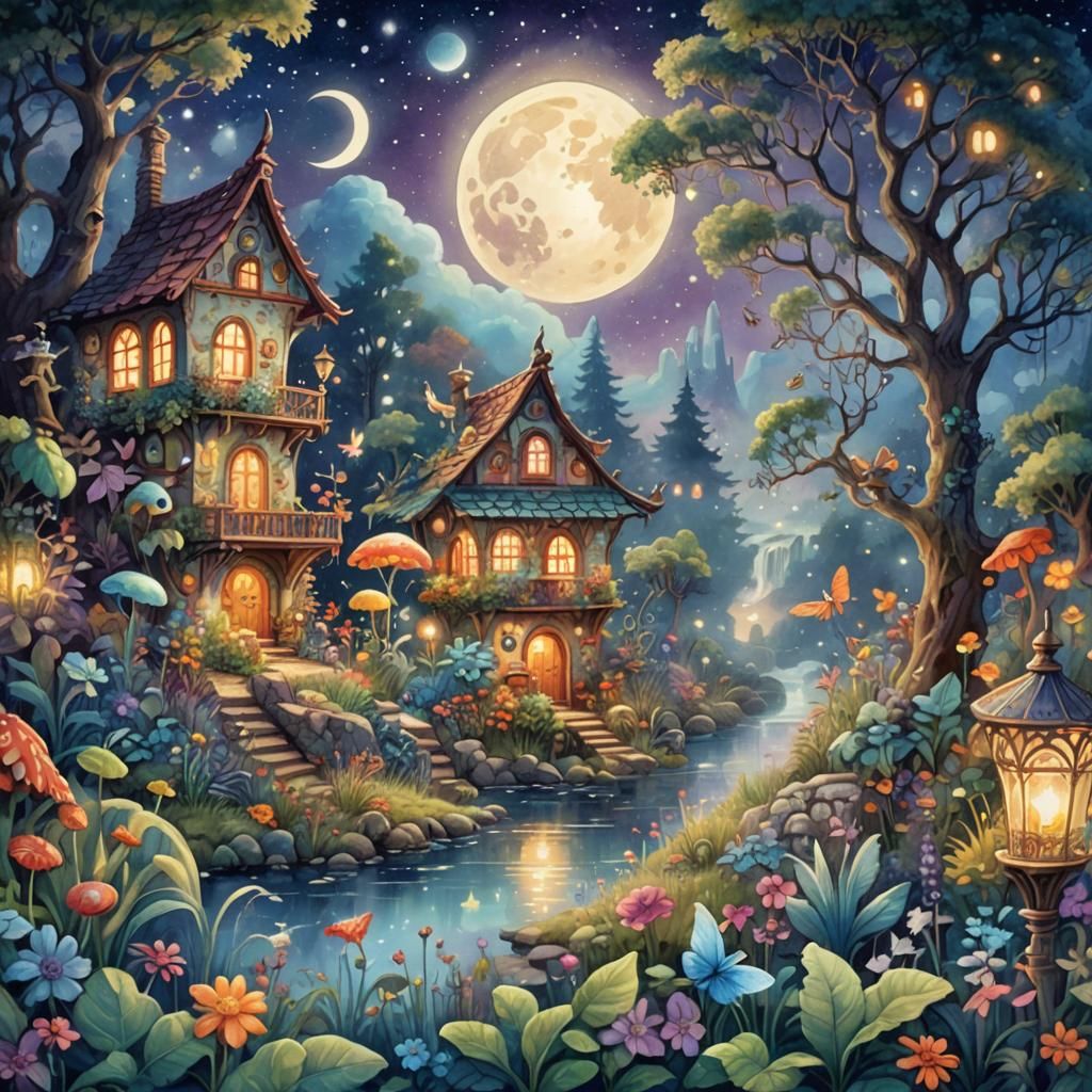 Magical Moonlit Garden with Winged Creatures, Watercolor