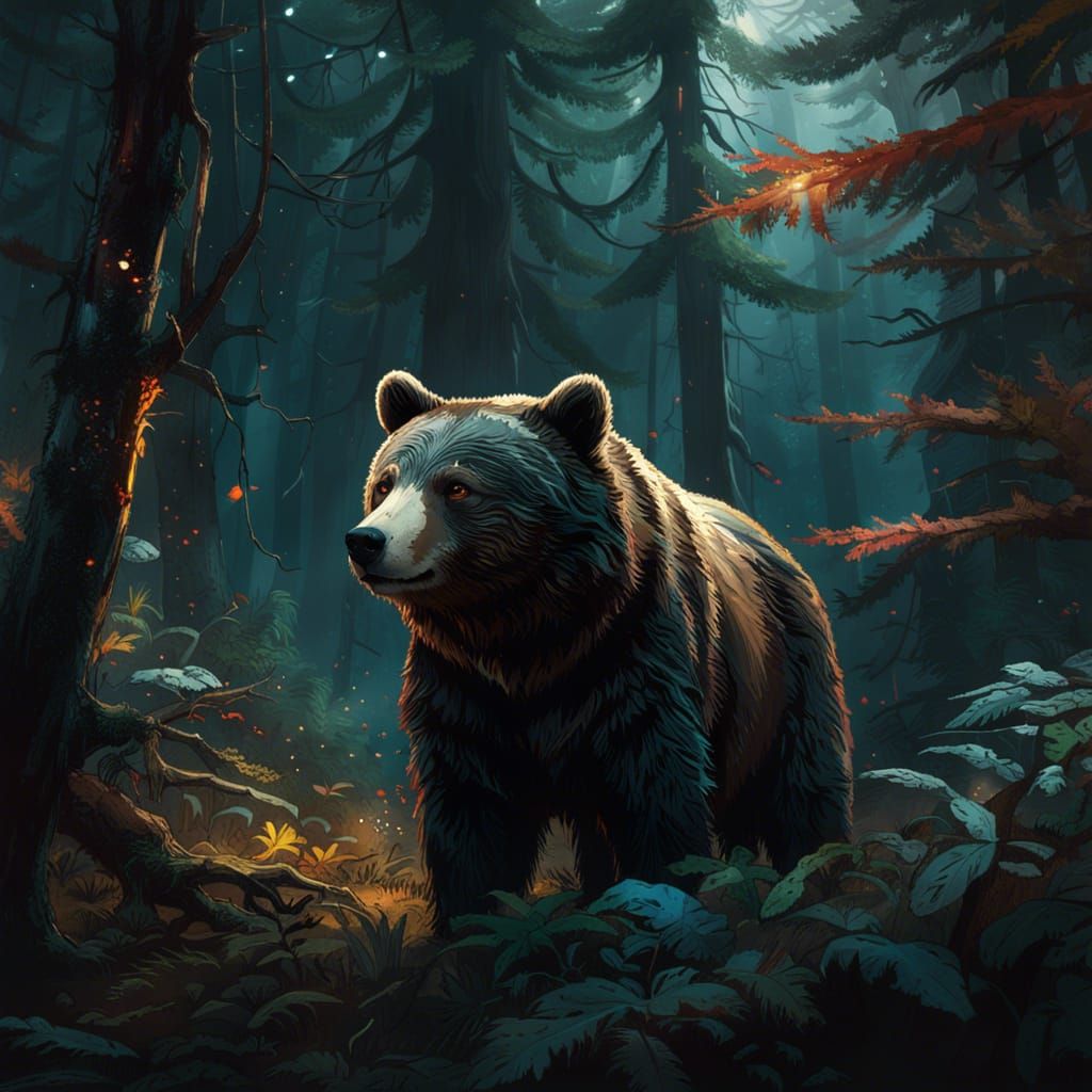 Bear Cub in Dark Forest: Detailed Digital Art