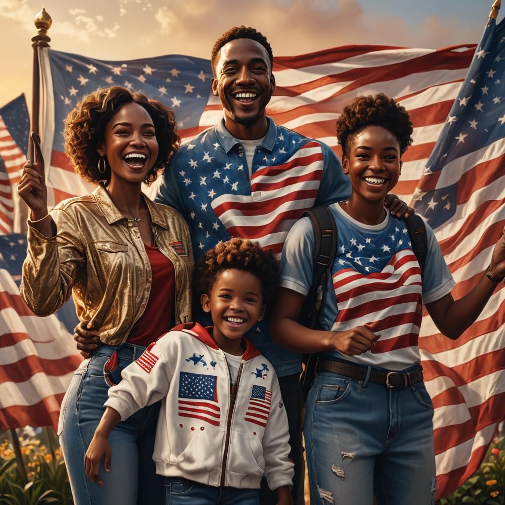 Happy Black Family Portrait with American Flag