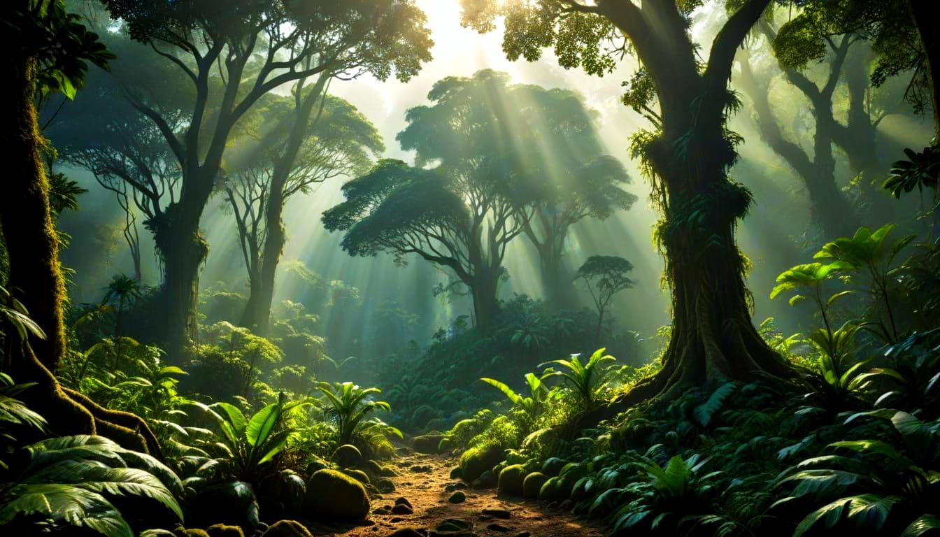 Sunlight Filters Through Vibrant Jungle Canopy