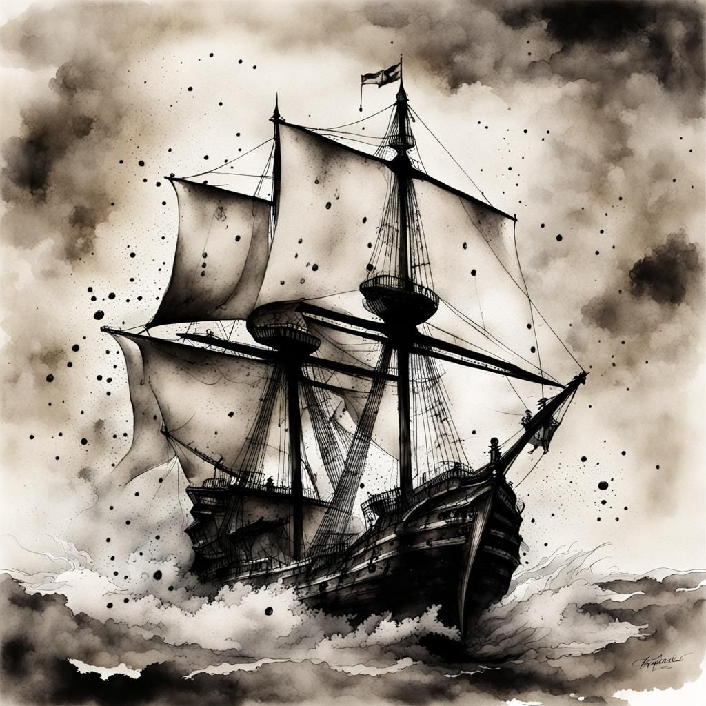 Galleon in Stormy Sea: Ink and Watercolor Art