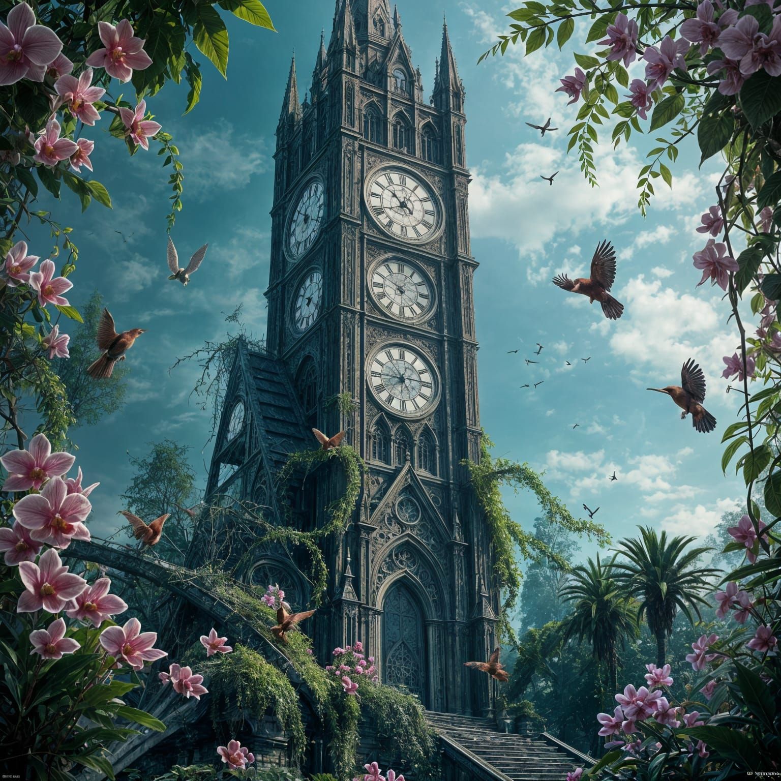 Gothic Clock Tower in Jungle, Detailed Matte Painting
