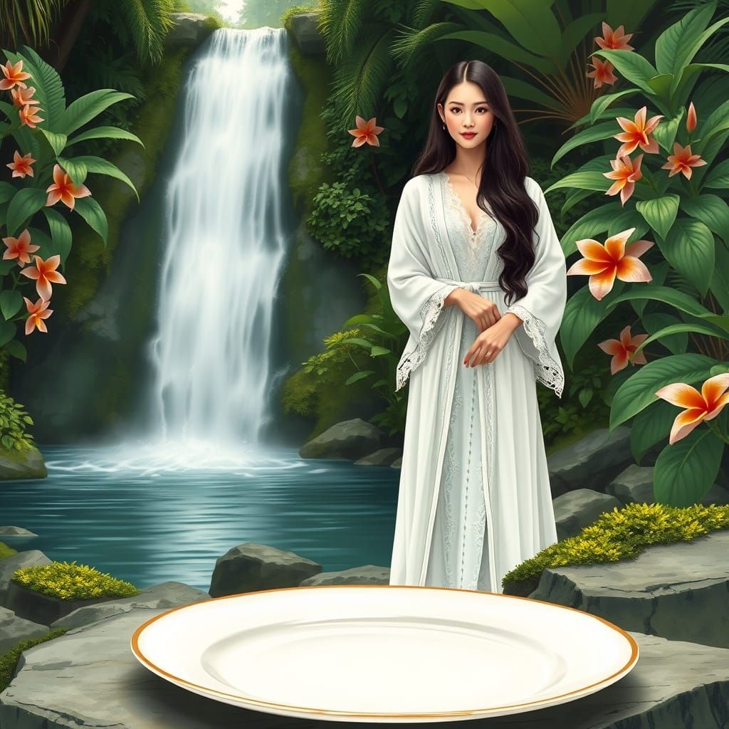 Ethereal Women Beside a Serene Waterfall