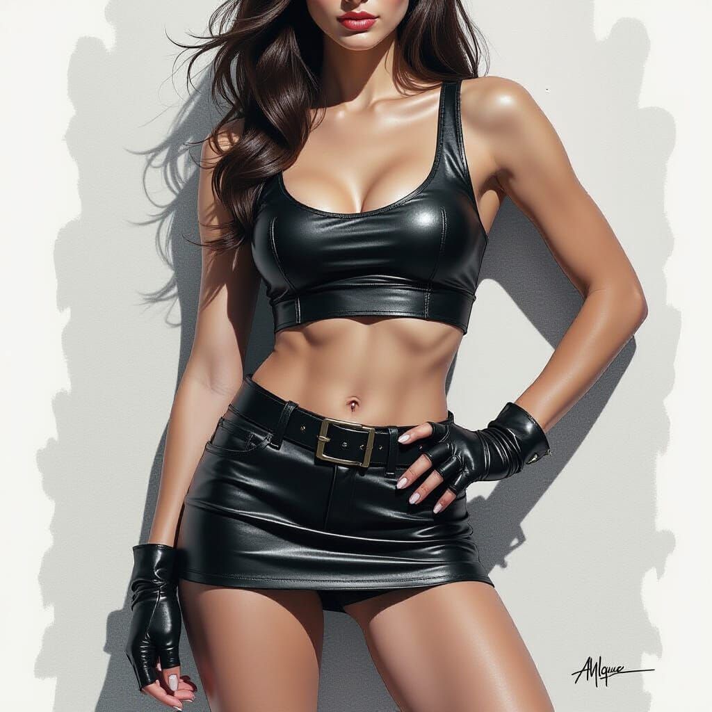 Confident Woman in Leather, Charcoal Drawing Style