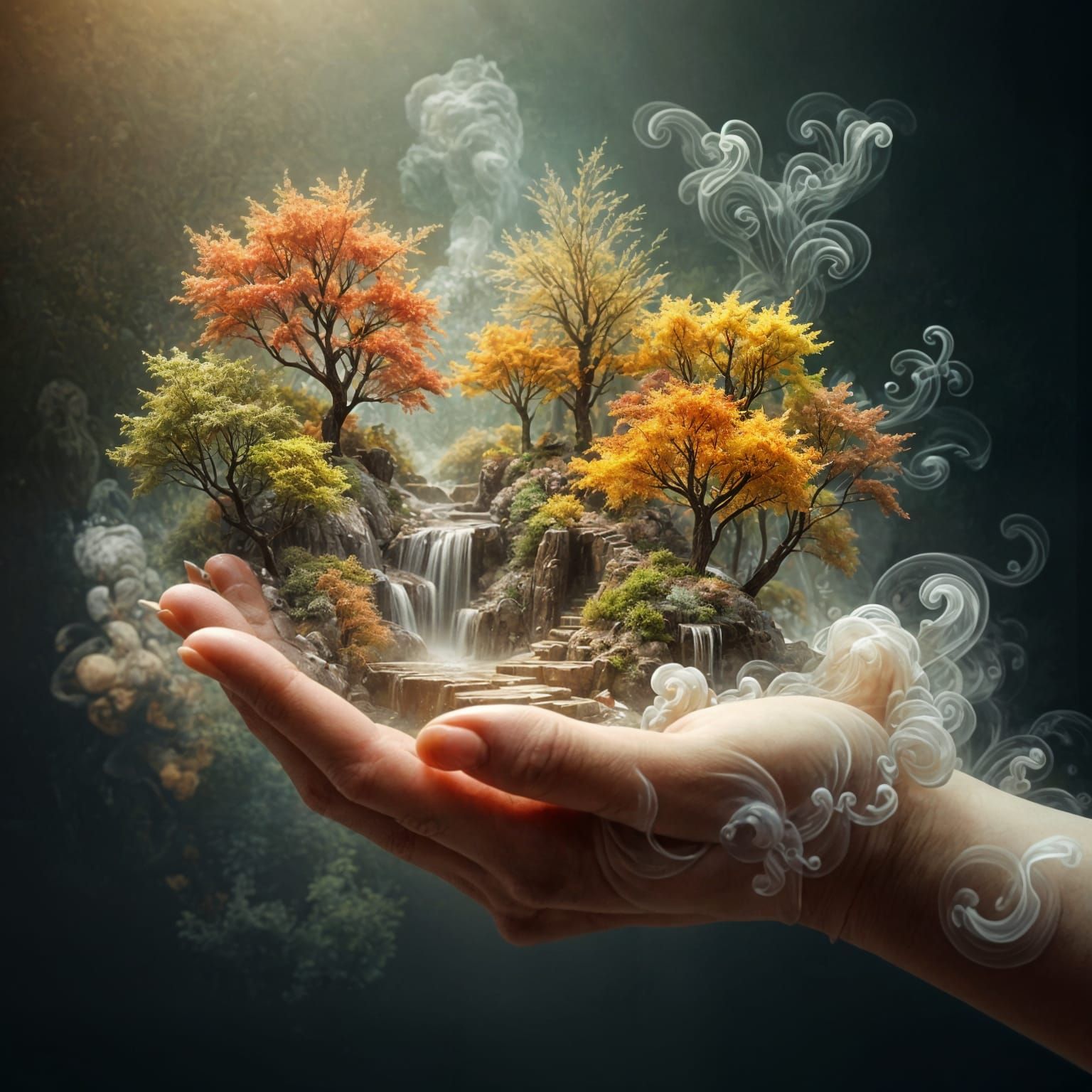 Wizard Conjures Miniature Autumn Park from Mist