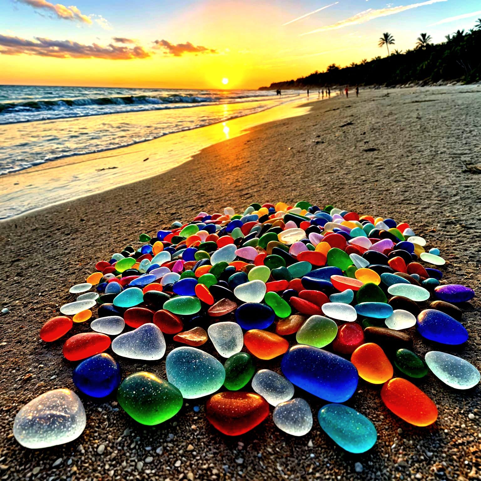Rainbow of Sea Glass on Beach at Sunset