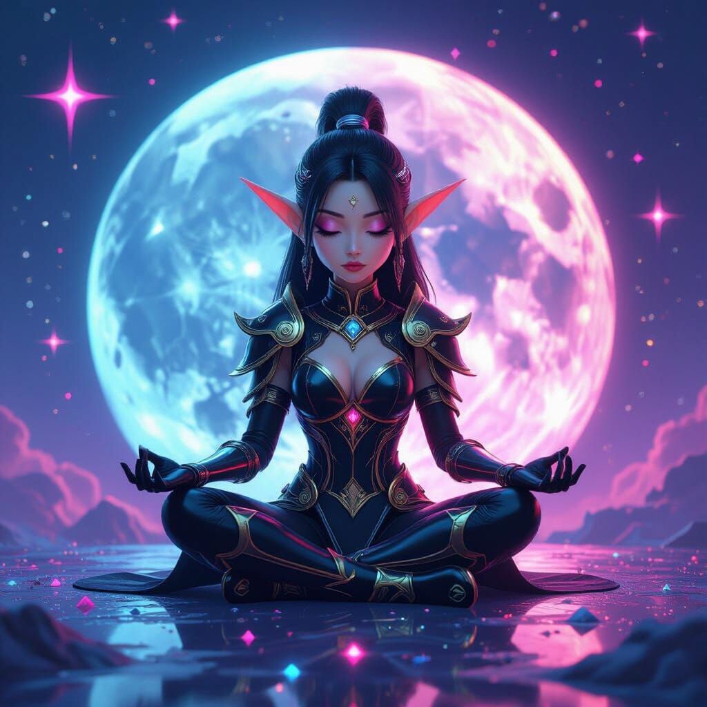 Hyper-Feminine Elf Meditating on the Moon in Synthwave Style