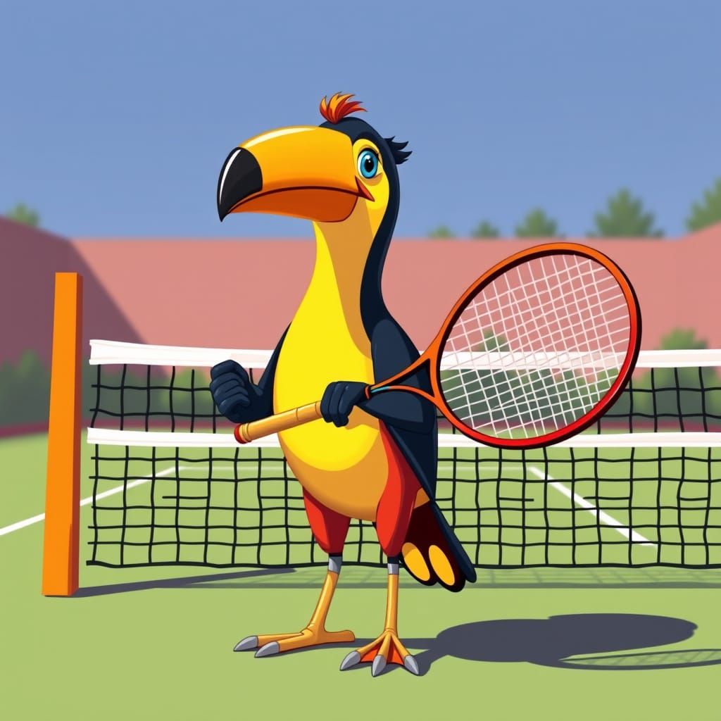 Cartoon Toucan Ready to Play Tennis