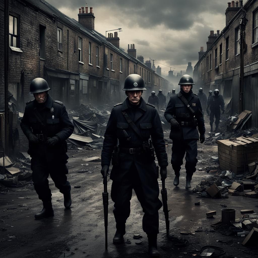 Ingsoc Patrol in Dystopian London Slum