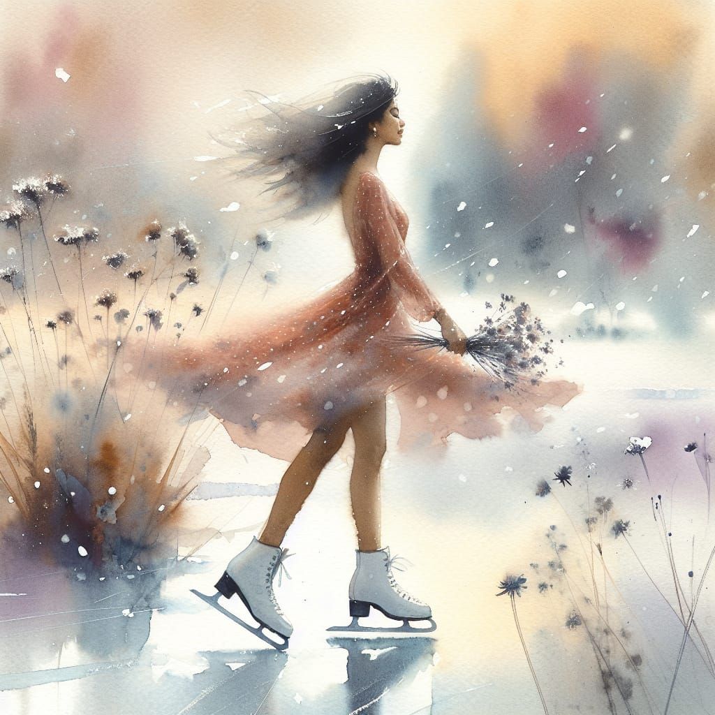 Dreamy Watercolour Ice Skating Scene with South Asian Woman
