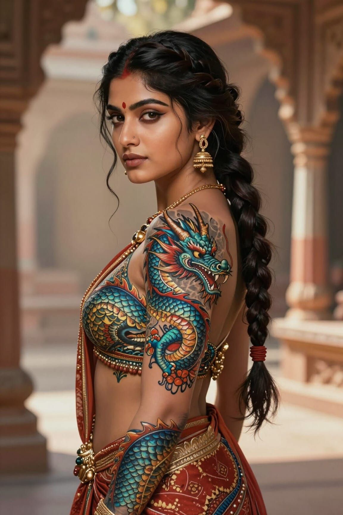 Indian Woman With Dragon Tattoo Amidst Ancient Architecture