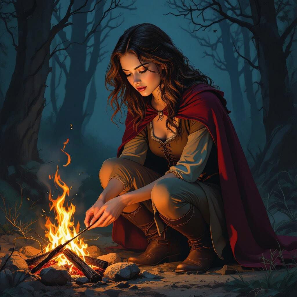 Woman Tends Campfire in Eerie Forest at Night