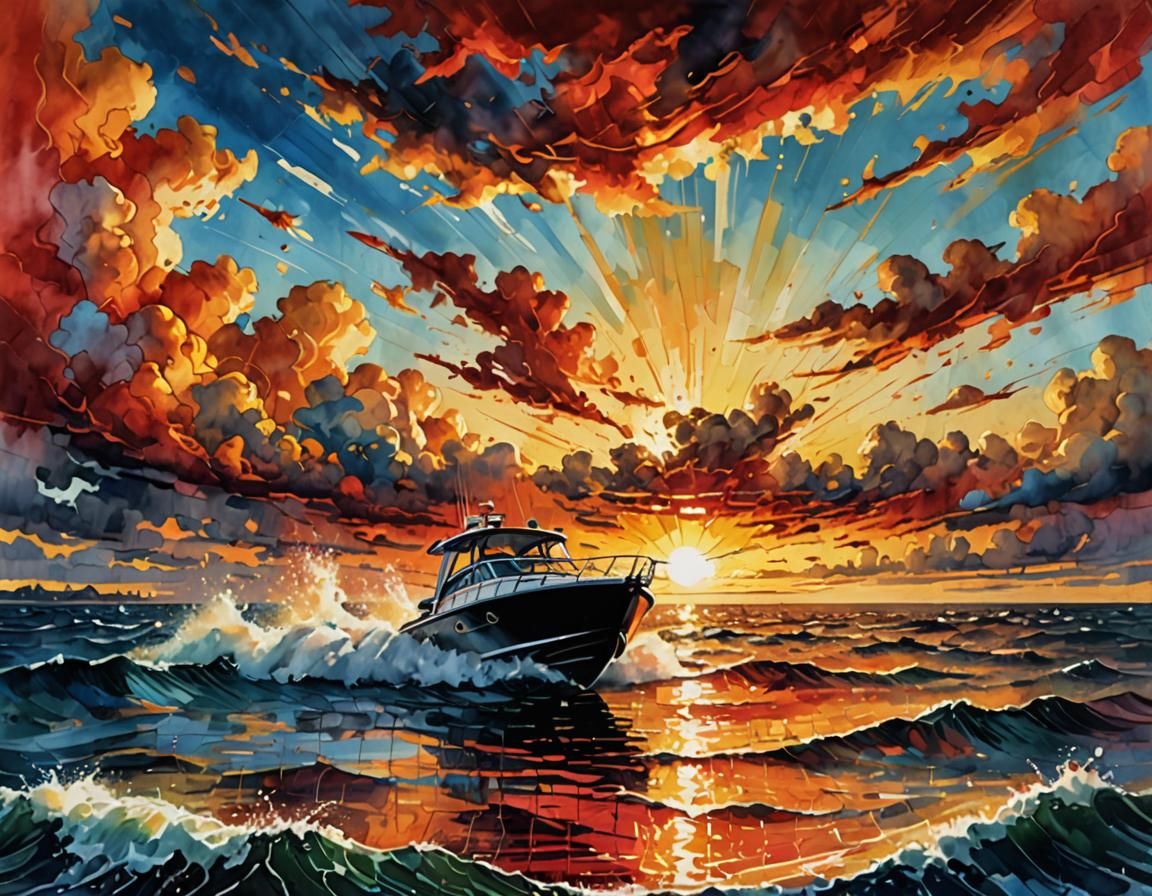 Modern Speedboat at Sunset: Oil, Watercolour, and Ink Painti...