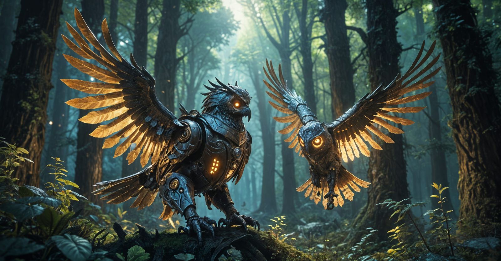 Knight on Mechanical Owl in Mystical Forest