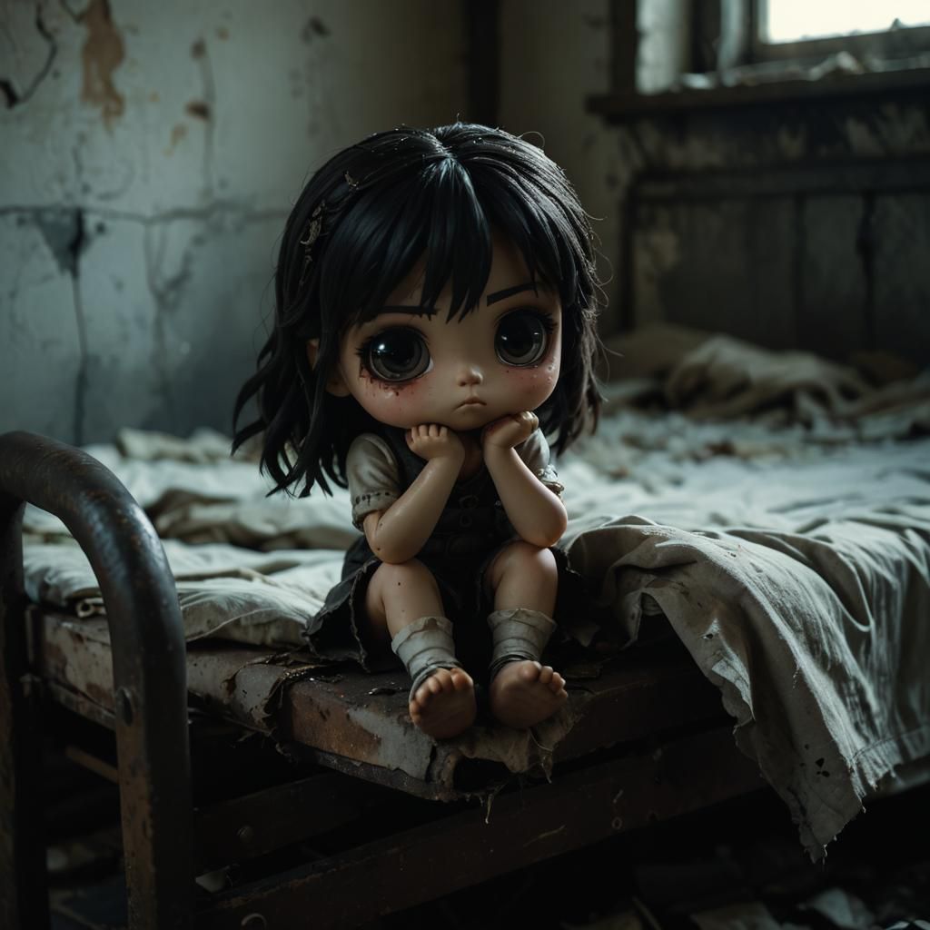 Sad Chibi Doll on Abandoned Bed: Cinematic Still