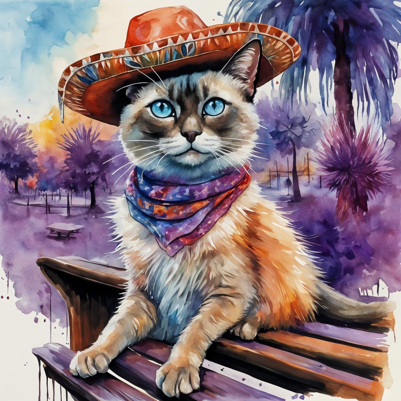 Siamese Cat in Sombrero, Watercolor Street Art