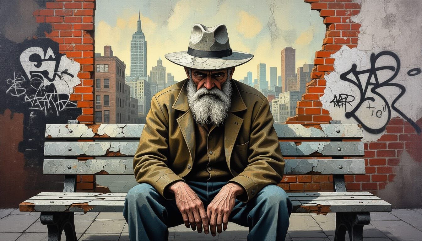 Man in Concrete Hat on Urban Bench