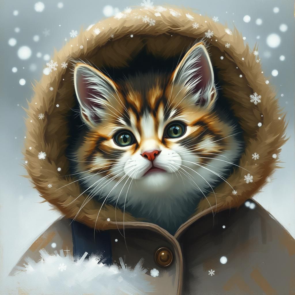 Kitten in Snow: Impressionist Oil Painting