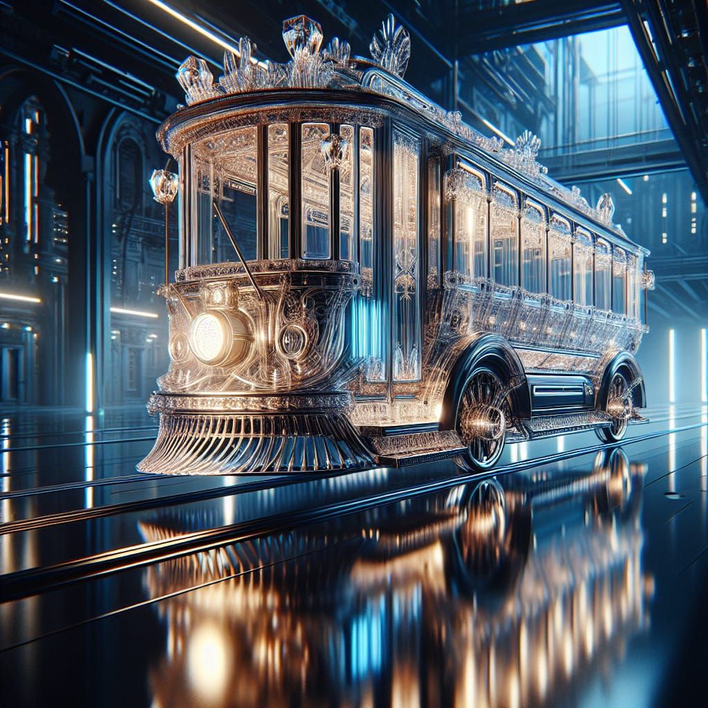 Elegant Transparent Crystal Streetcar in Futuristic Cityscap...