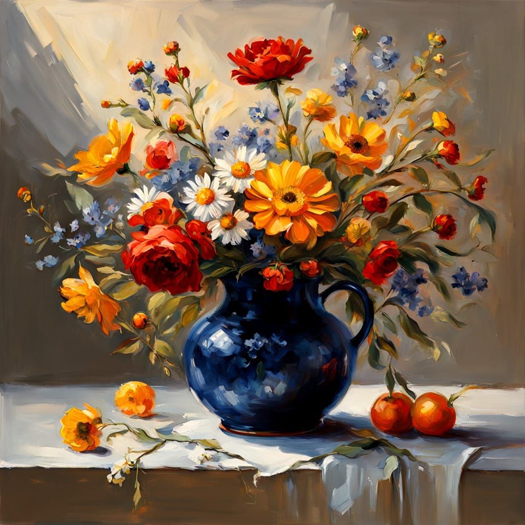 Vibrant Dutch Master-Style Still Life with Fresh Flowers