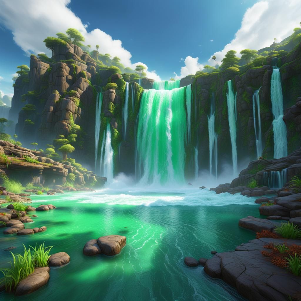 Emerald Waterfall Cascades: Fantasy Concept Art