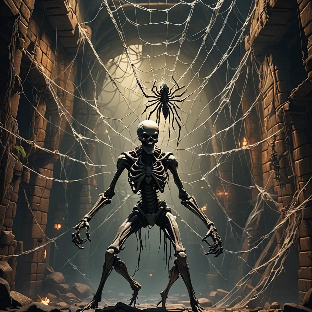 Skeleton Trapped in Spiderweb: 3D Game Cinematic