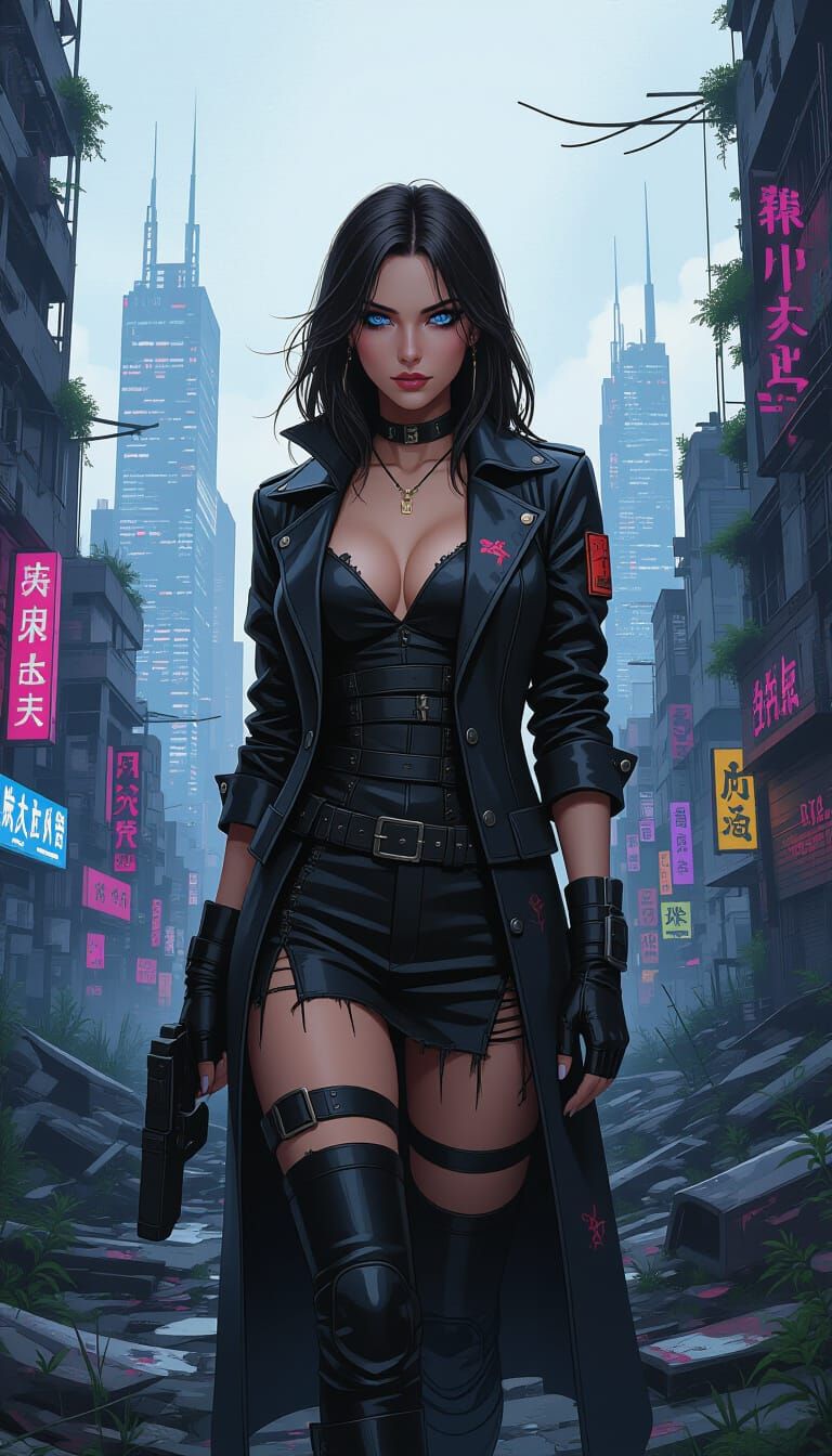 Charismatic Woman in Post-Apocalyptic Neon Cityscape
