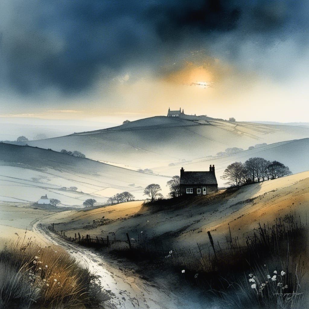 Misty Moor Landscape in Watercolor Style