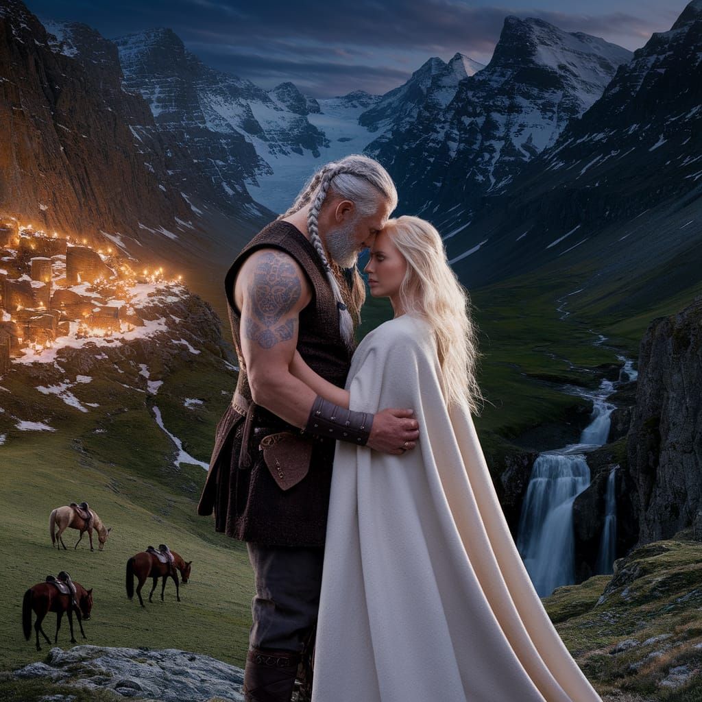 Viking Couple in Snowy Village at Night, Epic Fantasy Photo